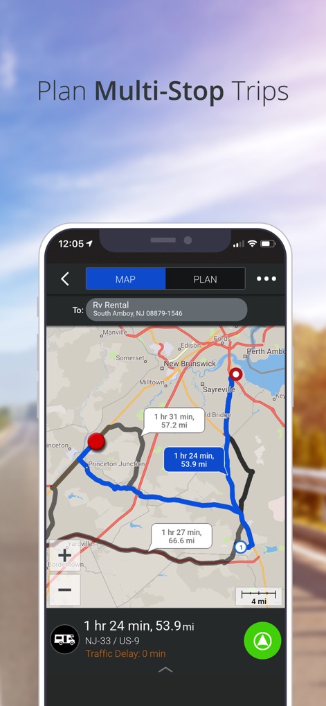 CoPilot GPS Navigation - La aplicación facilita la planificación de rutas con múltiples paradas, presentando en el mapa distintas opciones de trayecto y una clara visualización de tiempos y distancias de cada segmento para una gestión eficiente.