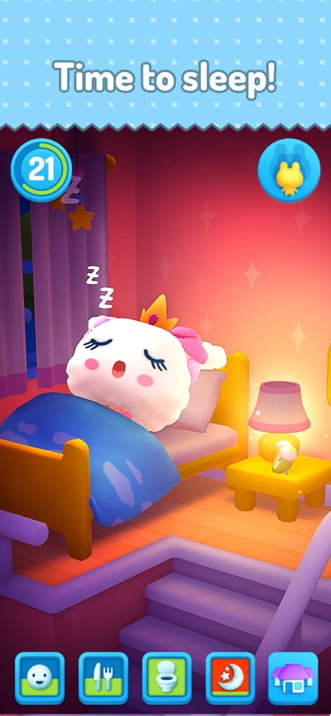 My Tamagotchi Forever - Il Tamagotchi riposa pacificamente nel suo letto, con una lampada da comodino accesa che crea un'atmosfera serena nella stanza.