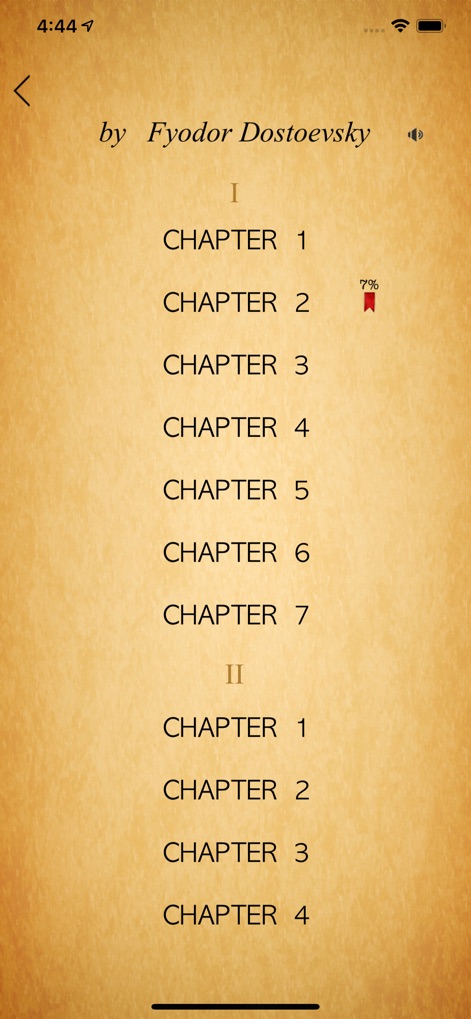 Dostoyevsky - Diese Ansicht bietet eine klare Gliederung der Kapitel eines Werkes und integriert eine Fortschrittsanzeige mit einem Lesezeichen-Symbol auf einem authentisch wirkenden Pergamenthintergrund.