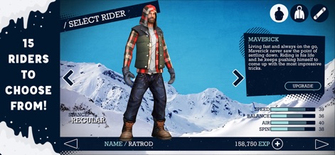 Snowboard Party - Explore the extensive roster of "15 RIDERS TO CHOOSE FROM!", each featuring detailed, upgradable attributes like Speed, Balance, Air, and Spin.