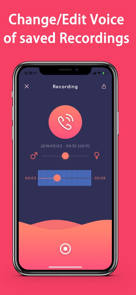 Acr call recorder - for iPhone - La imagen muestra la funcionalidad de edición de audio, donde el usuario puede manipular la grabación utilizando la línea de tiempo interactiva con segmentos naranja, y visualizar la fecha y hora específicas de la llamada grabada, como '2019/05/03 - 09:30'.