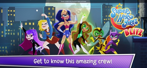 DC Super Hero Girls Blitz - O screenshot final exibe o elenco completo das DC Super Hero Girls posando em um telhado iluminado pela lua e o logotipo do aplicativo, convidando os usuários a conhecerem as personagens e a identidade visual do jogo.