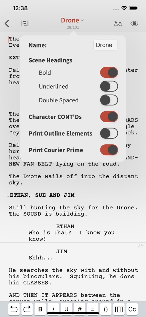 Slugline: Simply Screenwriting - この表示では、スクリーンプレイの視覚的要素を細かくカスタマイズするための詳細な設定パネルが確認できます。ユーザーはシーンヘッディングの強調表示やCourier Primeフォントでの印刷設定を調整できます。