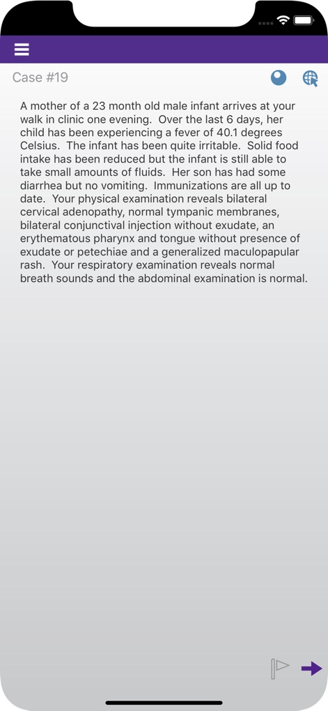 Family Medicine Study Guide - 이 화면은 'Case #19'와 같은 상세한 임상 시나리오를 제시하여, 학습자가 실제 상황에 몰입할 수 있도록 하며, 정보 아이콘과 탐색 화살표를 통해 진행을 돕습니다.