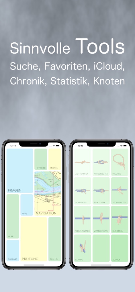 SBF See inkl. digitaler Karte - La aplicación ofrece una variedad de funciones prácticas, destacando un menú principal organizado por categorías y un módulo visual dedicado al aprendizaje de nudos con ilustraciones.