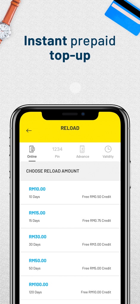 MyDigi Mobile App - Los usuarios pueden seleccionar entre diversas opciones de recarga, con montos y beneficios asociados, y elegir métodos como la recarga "Online" o mediante "Pin".