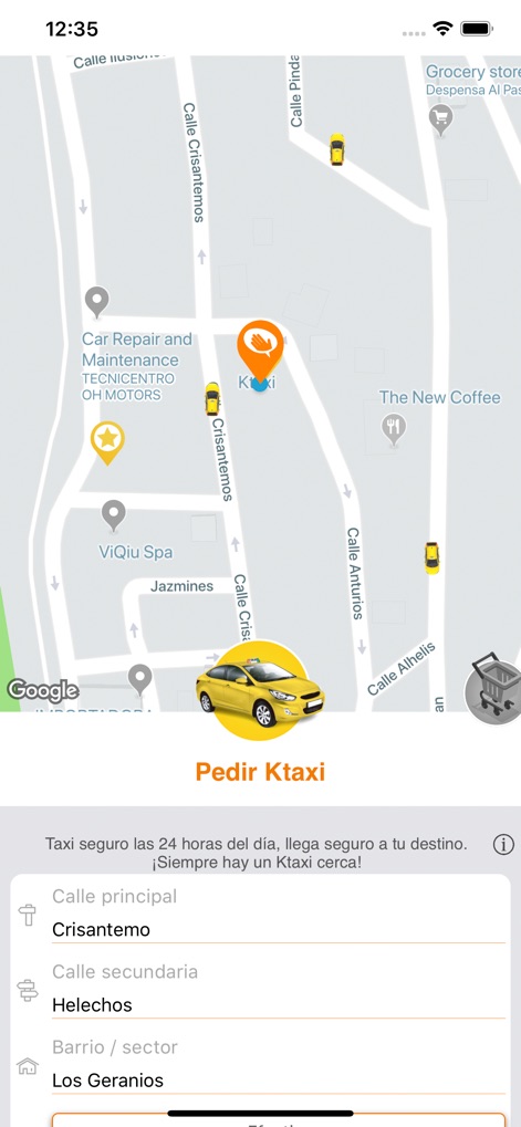 Ktaxi, una app de Clipp - 사용자는 상세 주소 입력 필드를 통해 픽업 위치를 정확히 지정할 수 있으며, '주요 도로' 및 '지역/구역' 입력란을 통해 편리하게 정보를 입력합니다.