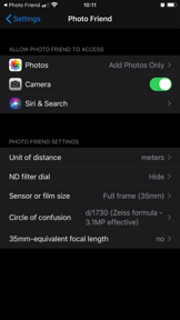 Photo Friend exposure and DoF screenshot