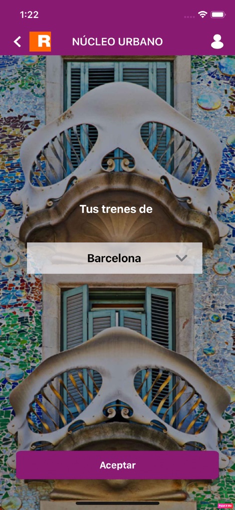 Renfe Cercanias - L'app consente agli utenti di scegliere il proprio nucleo urbano, come "Barcelona", tramite un selettore a discesa e un pulsante "Aceptar" per confermare la selezione.