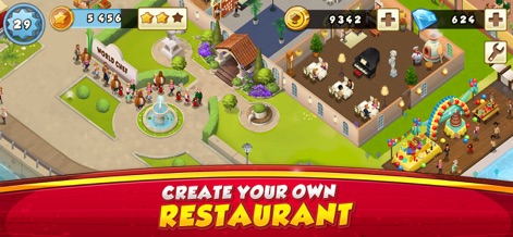 World Chef - このアプリでは、ユーザーは広々とした屋外ダイニングエリアと美しい噴水、そして華やかなバルーンアーチやイベントスペースで構成された自分だけのレストランを創造できます。