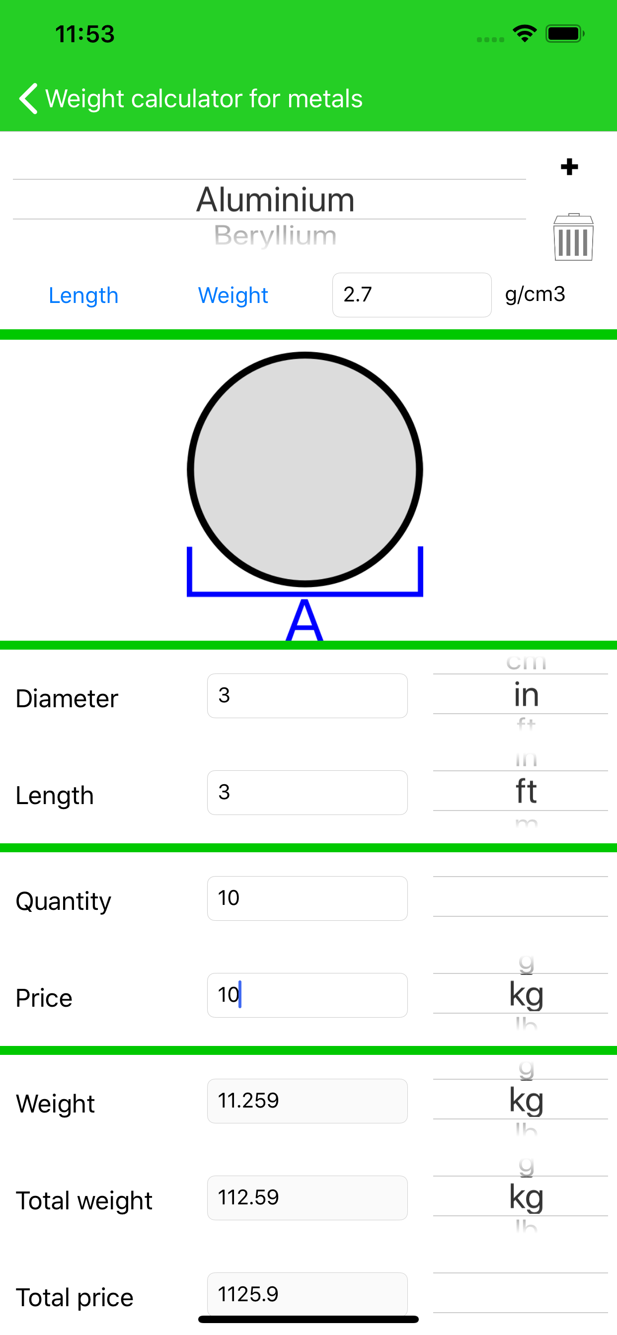 Weight calculator for metals