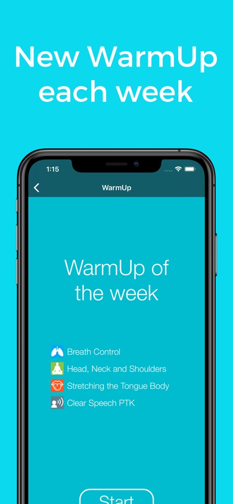 One Minute Voice WarmUp - Nutzer können das aktuelle 'WarmUp der Woche' erkunden, das verschiedene Übungskategorien wie 'Breath Control' und 'Stretching the Tongue Body' auflistet.