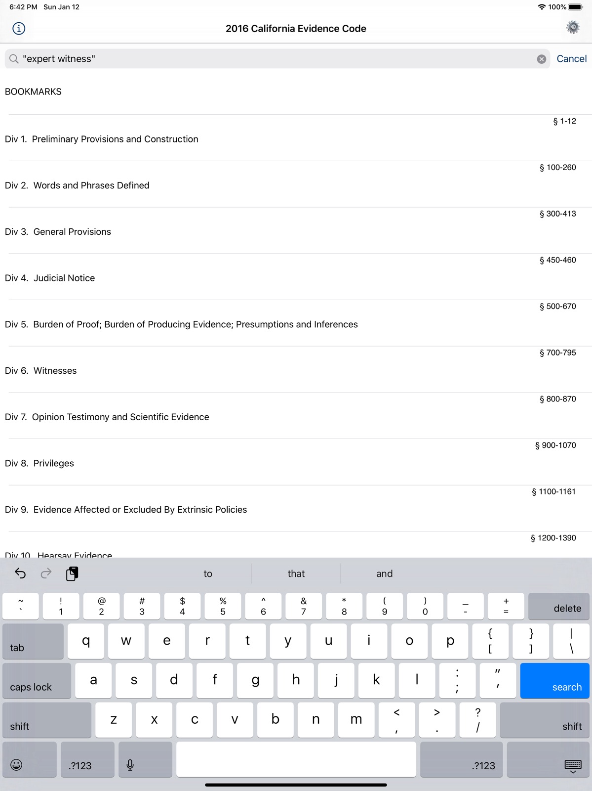 CA Evidence Code 2026 ipad screenshot 1