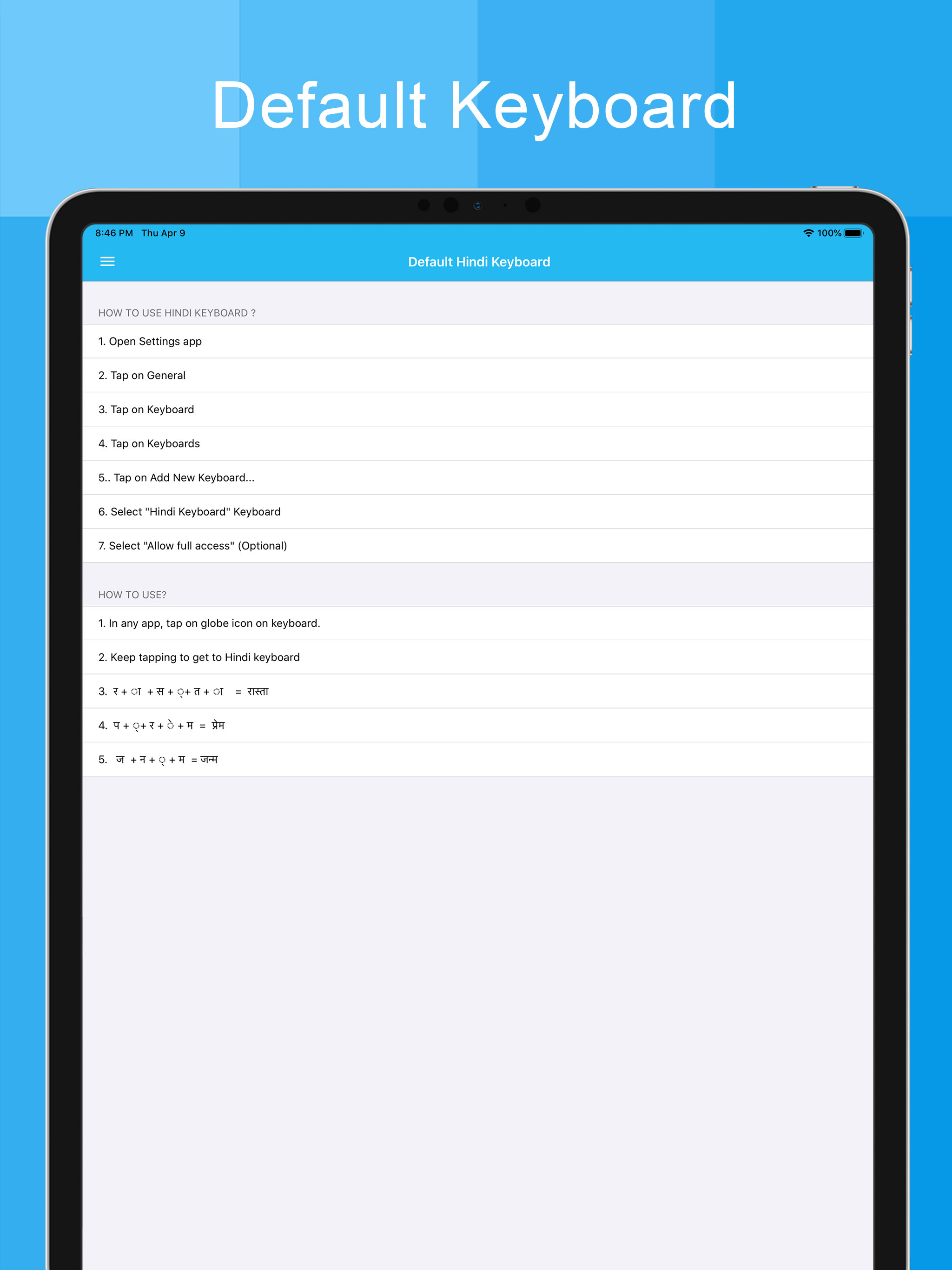Hindi Keyboard - Type In Hindi