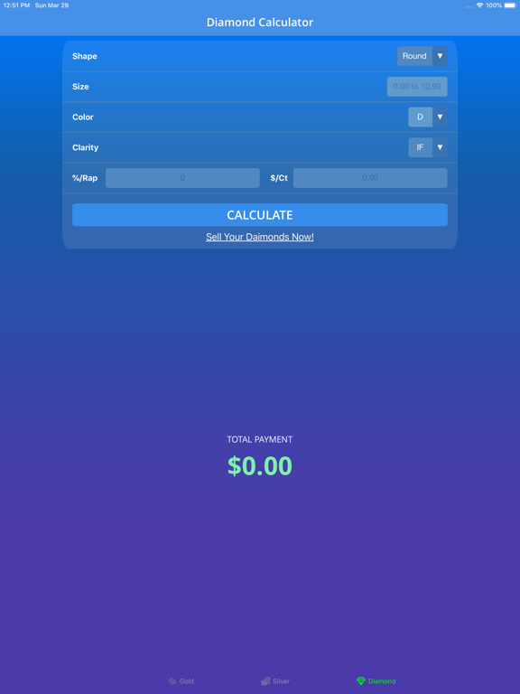 Calculator-Gold Silver Diamond iPad screenshot 1 - Business app