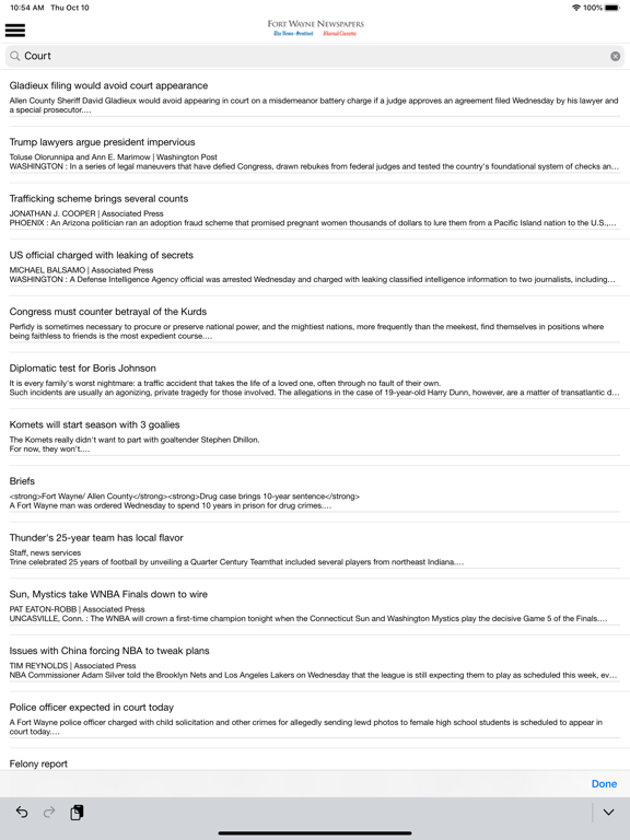 The Fort Wayne Journal Gazette iPad screenshot