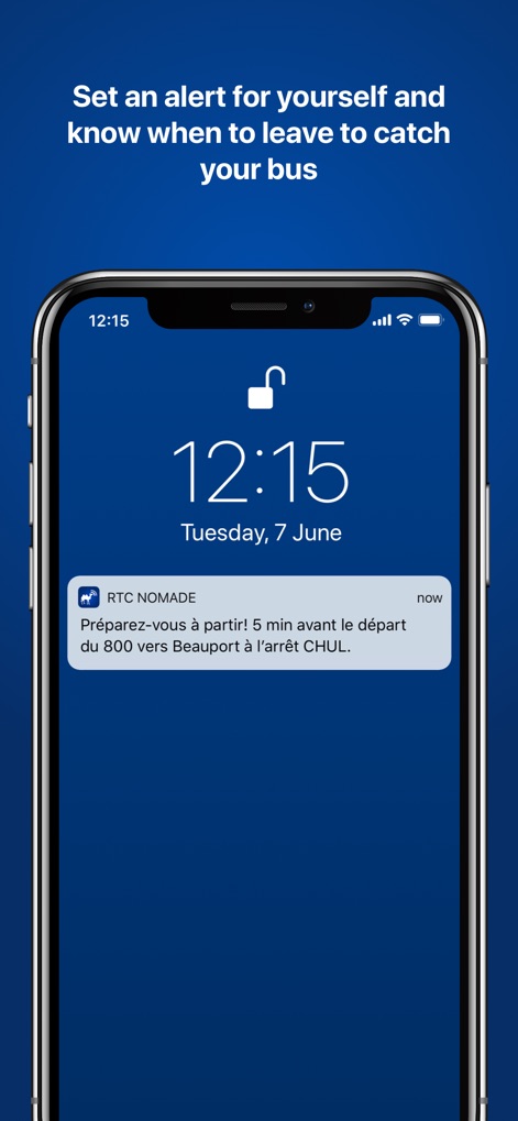 RTC’s real-time Nomade - Die App sendet personalisierte Push-Benachrichtigungen auf den Sperrbildschirm, die frühzeitig daran erinnern, wann der Nutzer zur Bushaltestelle aufbrechen sollte.