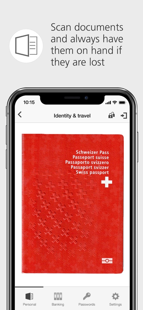 UBS Safe: Digital security - Users can securely digitize essential identification like a Swiss passport and access critical travel documents anywhere, ensuring copies are always available.