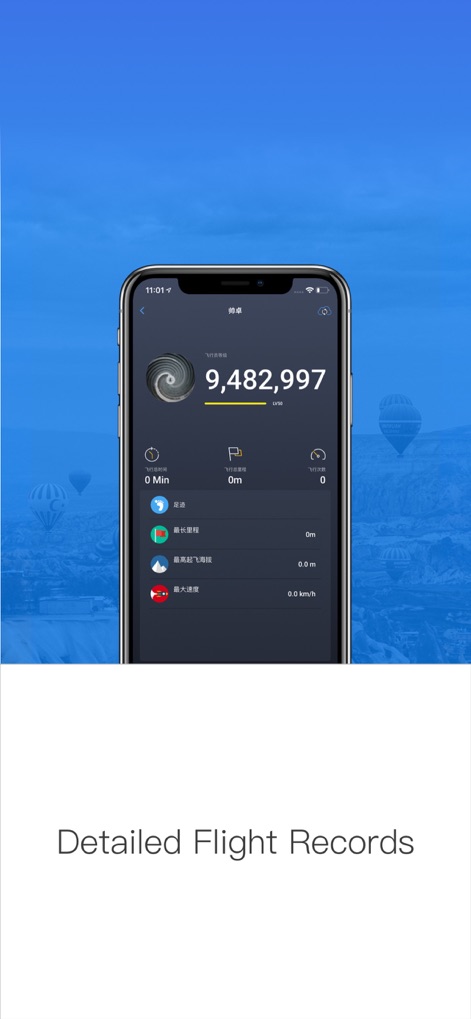 DJI GO - Os usuários podem acessar registros de voo abrangentes, que mostram estatísticas vitais como o tempo total de voo e a distância percorrida. O display visualiza dados com gráficos circulares e campos numéricos.