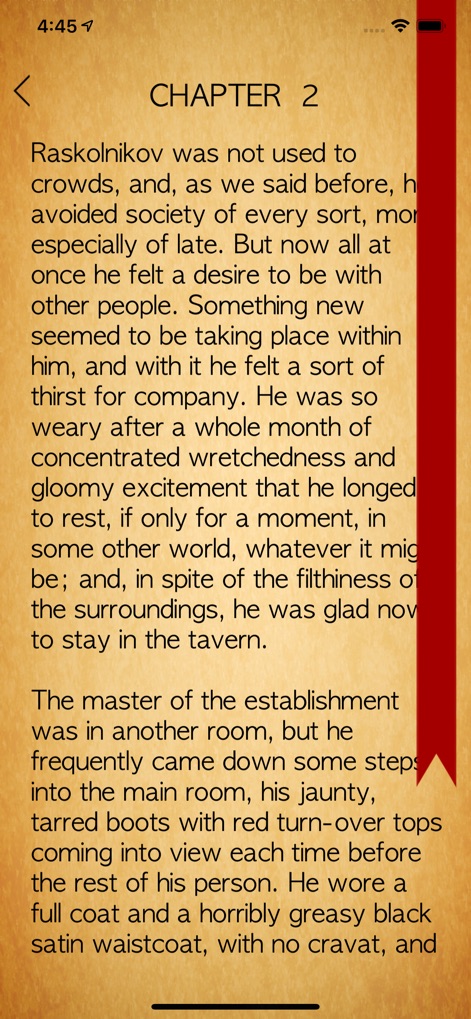 Dostoyevsky - Die App unterstützt Leser durch eine visuelle Lesezeichenfunktion, dargestellt durch das rote Band am rechten Rand, während der fortlaufende Text auf einem beruhigenden, sepiafarbenen Hintergrund präsentiert wird.