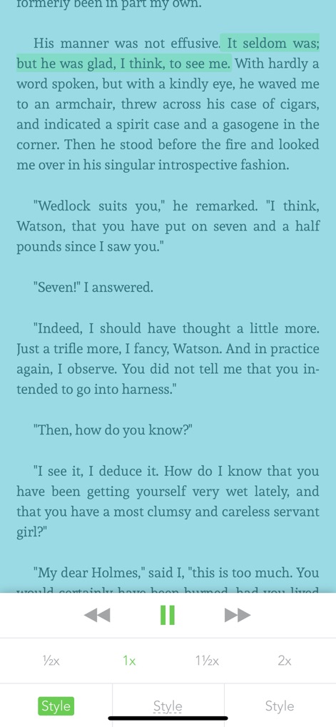 Offline Books - Read Unlimited - La interfaz de lectura facilita la interacción con el texto, permitiendo la selección de fragmentos y el control de la velocidad de reproducción, con opciones como 1x o 2x.