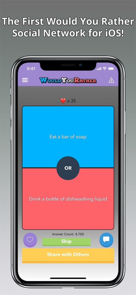 Would You Rather? Viral Game - Users can dive into questions and immediately share their choices with friends using the "Share with Others" feature and track the "Answer Count".