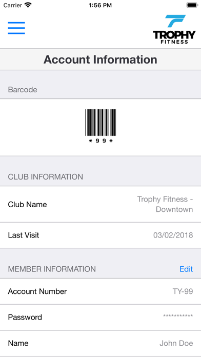Trophy Fitness Member Portal Screenshot