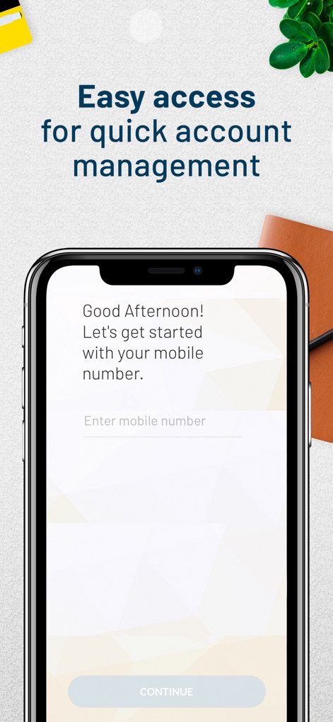 MyDigi Mobile App - Esta pantalla de inicio de sesión solicita el número de móvil del usuario en el campo de texto y un botón "CONTINUE" para acceder rápidamente a la gestión de la cuenta.