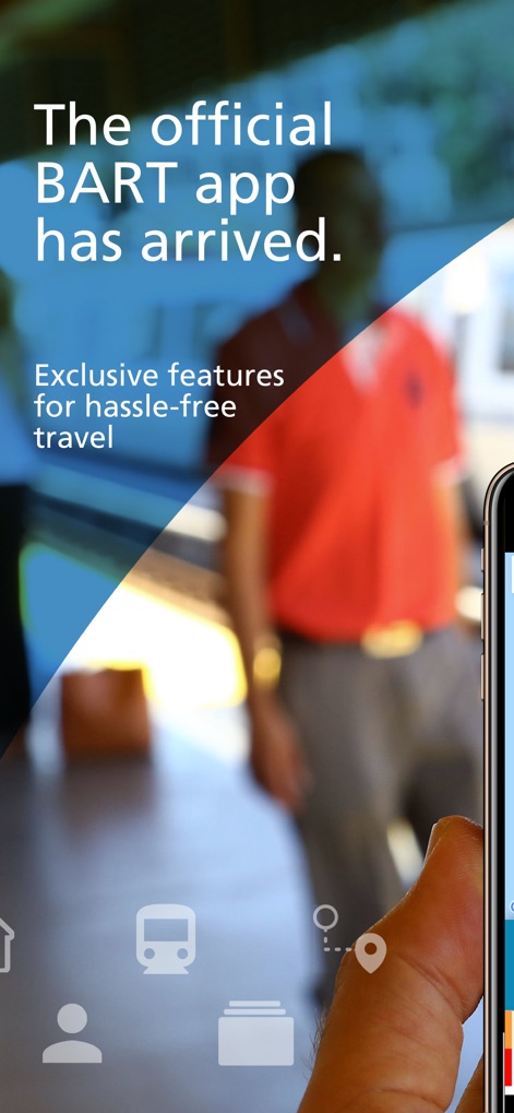 BART (Official) - La pantalla de inicio destaca la frase "The official BART app has arrived" y ofrece una navegación intuitiva a través de iconos inferiores claramente identificables, facilitando el acceso rápido a las funciones principales.