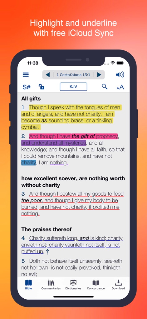 Bible KJV Strong's Concordance - L'application permet de surligner et de souligner des versets avec différentes couleurs, et de synchroniser automatiquement ces annotations via iCloud.
