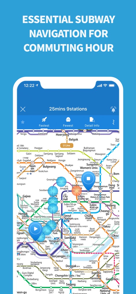 Subway Korea - The app offers streamlined journey planning with route optimization options like 'Fastest' and 'Fewest' stations, clearly summarized with travel duration.