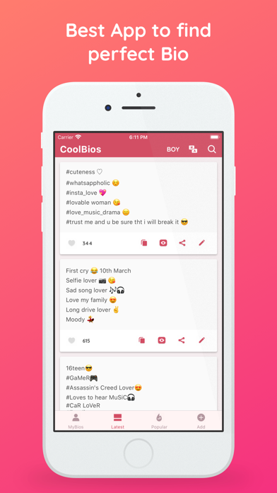 Screenshot #1 pour Cool Bio: Quote Caption for IG