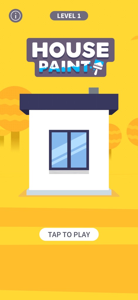 House Paint - L'interfaccia iniziale presenta il logo vivace dell'app "HOUSE PAINT" con un'icona a pennello, invitando gli utenti a iniziare il gioco con il chiaro pulsante "TAP TO PLAY".