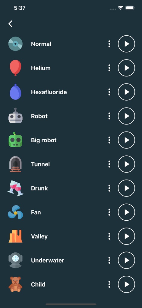 Voice Changer - Audio Effects - Découvrez une diversité impressionnante de transformations vocales, allant de l'hilarant 'Hélium' au robotique 'Robot', toutes présentées avec des icônes visuellement descriptives et des options de lecture instantanée.
