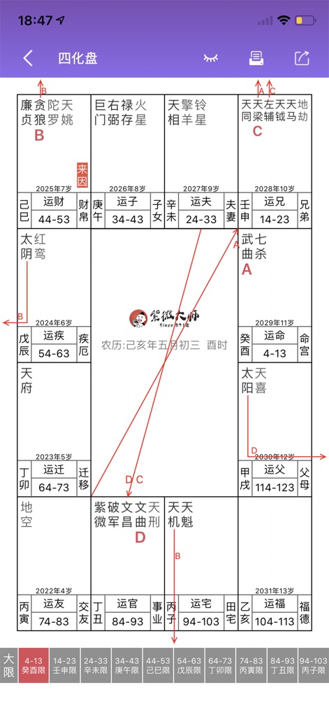 紫薇斗数-紫微斗数八字算命 - The "四化盘" (Four Transformations Chart) visually maps complex astrological interactions using extensive red connecting lines and designated letters (A, B, C, D) to denote specific transformative influences.