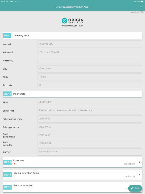 Origin Specialty Premium Audit