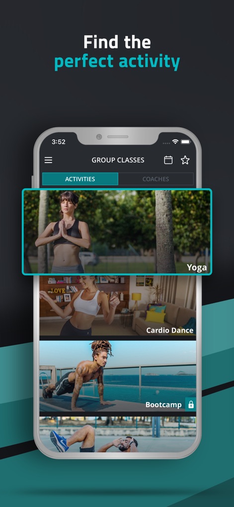 BTFIT: Personal trainer online - この画面では、ユーザーがヨガやカーディオダンスといった様々なアクティビティを一覧で確認できるインターフェースと、一部クラスがロックされていることでプレミアム機能の存在を暗示するビジュアルが特徴です。