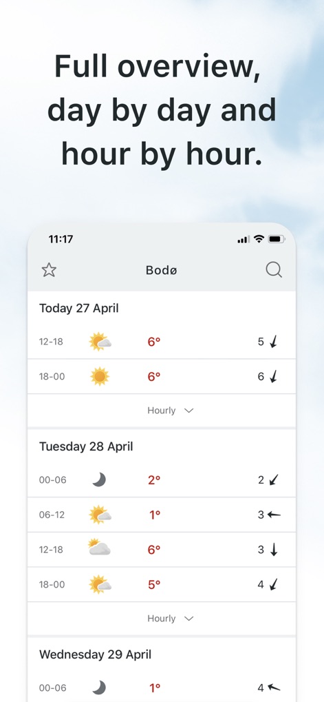Yr.no - The app offers a comprehensive long-term forecast, presenting detailed day-by-day summaries and expandable hourly breakdowns for meticulous planning.