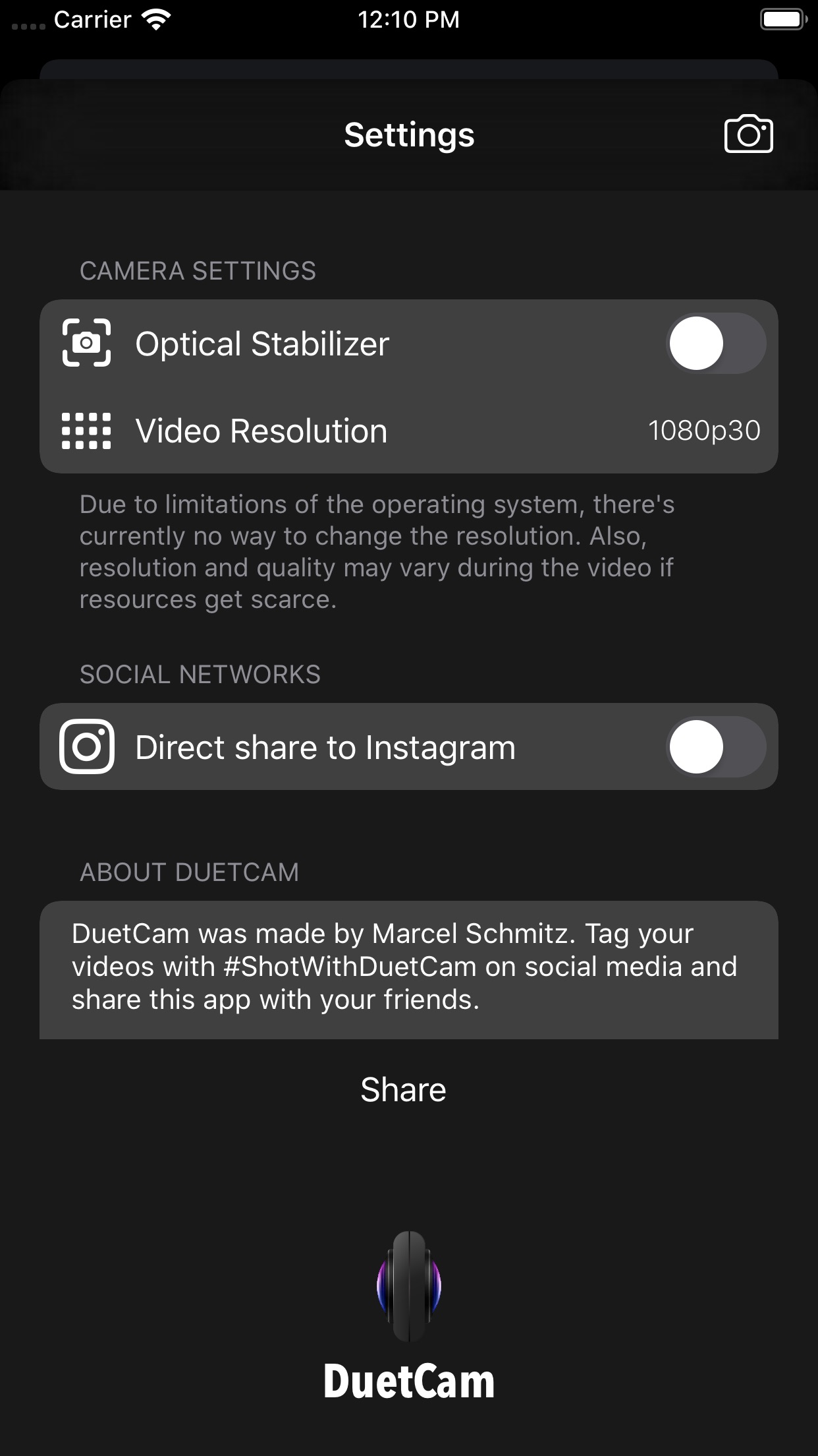 Screenshot do app DuetCam