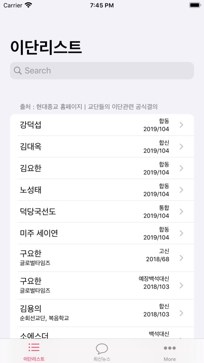 이단리스트 - 한국교회 주요교단 공식결의 단체 및 제품