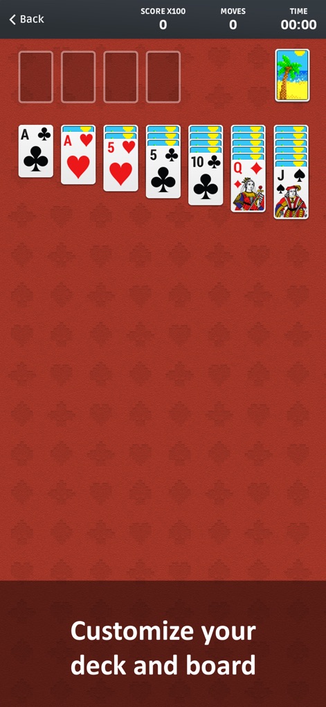 Solitaire ∘ - Esta captura resalta las amplias opciones de personalización visual, presentando un vibrante fondo rojo con patrón y diseños de reverso de cartas temáticos, permitiendo a los jugadores adaptar estéticamente su entorno de juego.