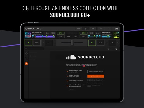 Traktor DJ 2 - Explorez une collection musicale vaste grâce à l'intégration de SoundCloud Go+ et profitez du streaming en haute qualité directement dans l'application.