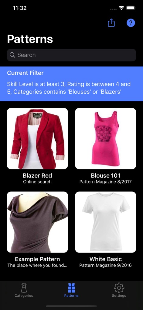 Sewing Patterns - ダークモードで表示されたフィルター適用画面では、「Current Filter」の条件が青いバナーで明確に示されます。これにより、ユーザーは視認性の高い環境でパターンを効率的に絞り込み、次のプロジェクトのインスピレーションを見つけられます。