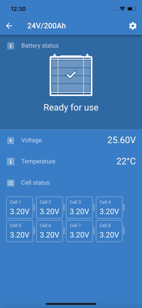 VictronConnect - Die App zeigt den detaillierten Zustand der Batteriezellen, hervorgehoben durch den 'Ready for use'-Status und individuelle Spannungsanzeigen für jede einzelne Zelle.