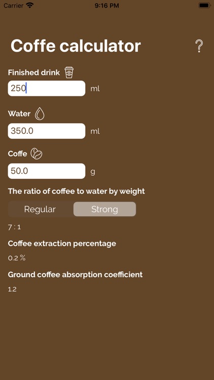 Coffee calculator: coffee info