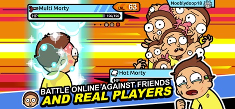 Rick and Morty: Pocket Mortys - Questa schermata evidenzia l'emozione delle battaglie online, dove gli utenti possono schierare Mortys unici come il "Multi Morty" contro altri giocatori, monitorando la salute tramite le barre HP e i nomi utente.