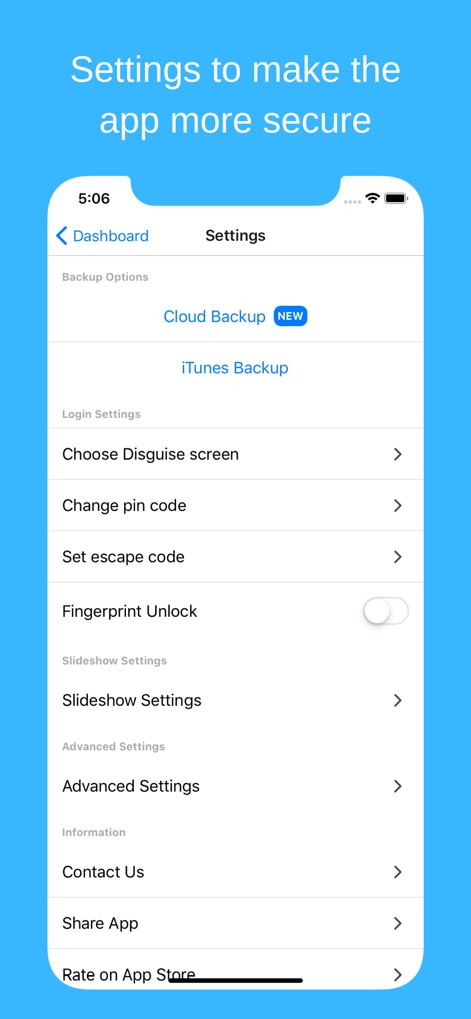 Hide Photos Video -Hide it Pro - Explore robust security features like Cloud Backup integration and the configurable Fingerprint Unlock setting for enhanced protection.