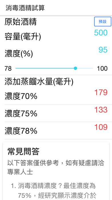 消毒酒精試算 app screenshot