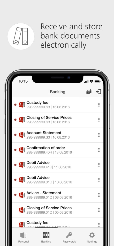 UBS Safe: Digital security - Discover how the app centralizes all banking correspondence, from "Account Statement" to "Debit Advice", providing a clear, electronic record of financial activities.