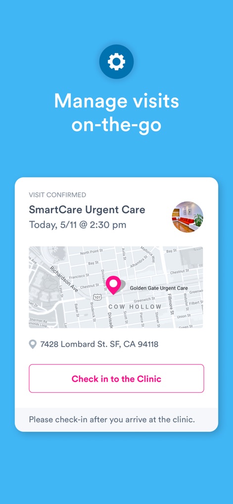Solv: Easy Same-Day Healthcare - Observe the streamlined appointment card showing a 'VISIT CONFIRMED' status with an embedded map for easy navigation and a direct 'Check in to the Clinic' action.